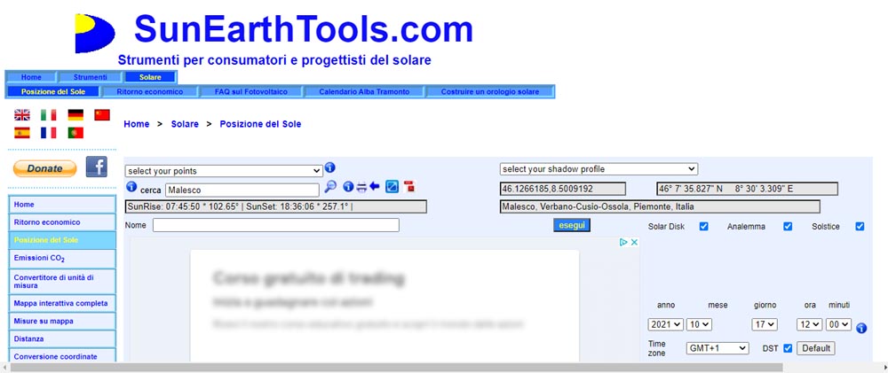 La schermata iniziale di SunEarthTools